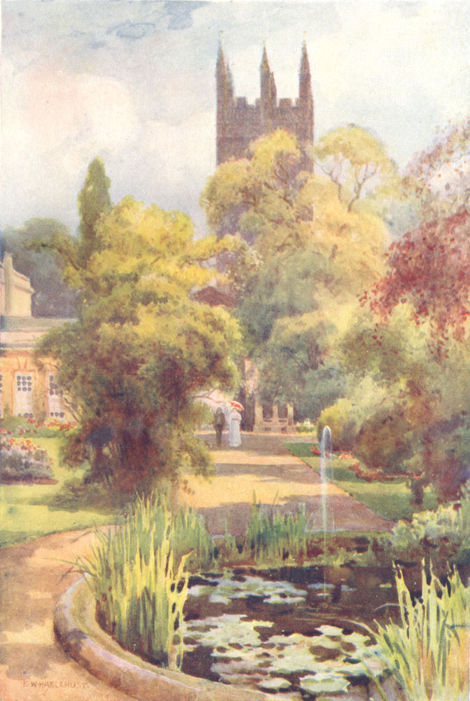 Botanic Gardens and Magdalen Tower. Oxford. By Ernest Haslehust 1920 old print